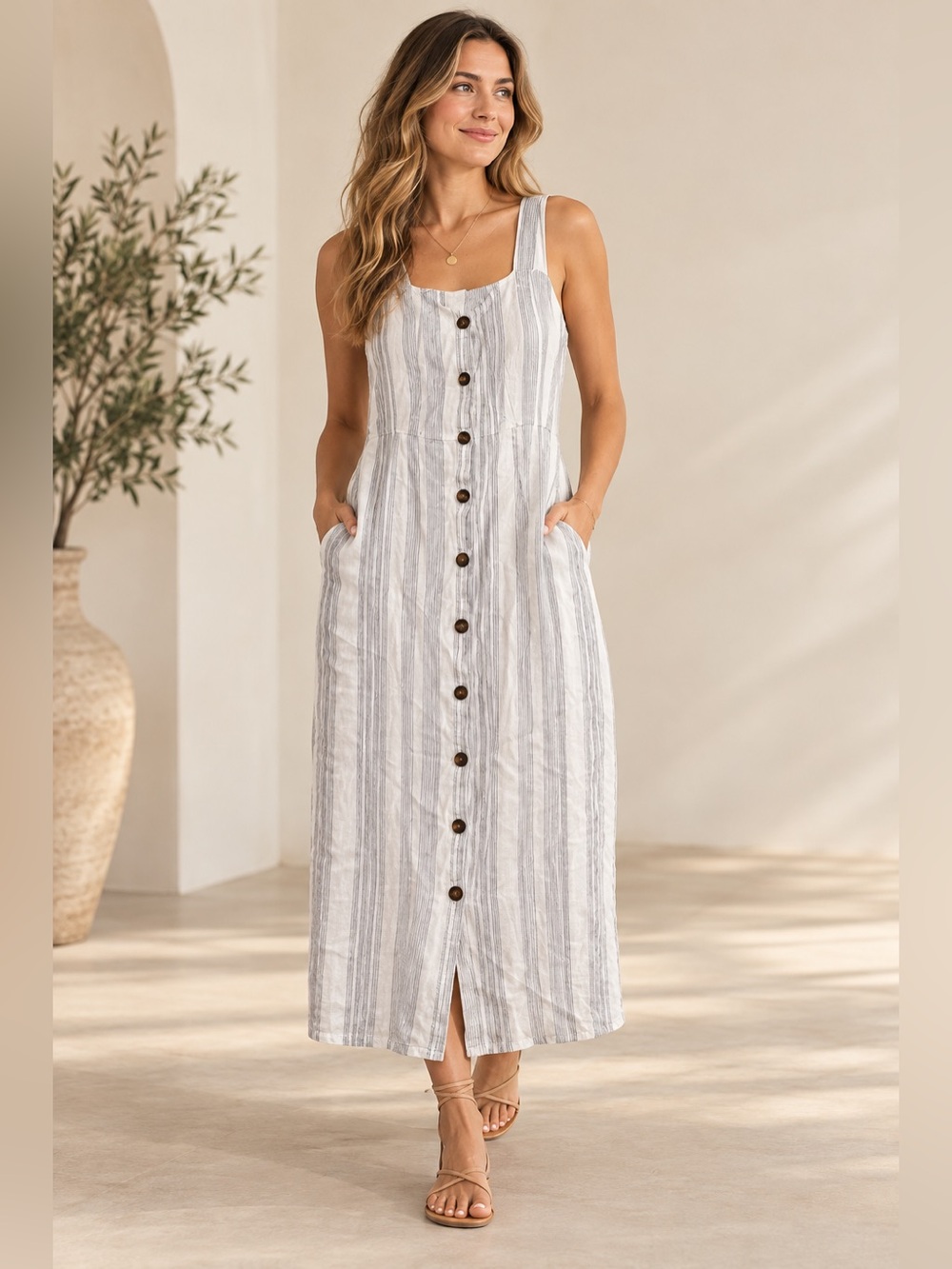 Striped Button Front Midi Dress Large L Sleeveless